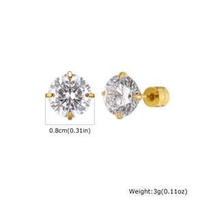 Stainless steel cubic zirconia stud earrings for women, gold plated round minimalist jewelry.
