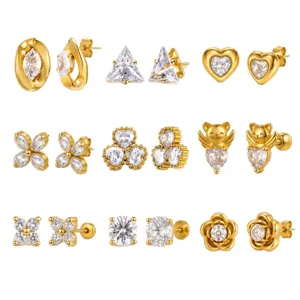 Women stainless steel cubic zirconia stud earrings set with heart flower and geometric shapes.