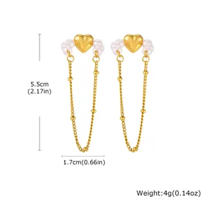 Bellissimo orecchino a clip con catena pendente cuore perla finta oro 5.5cm
