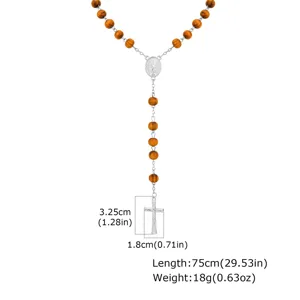 Vintage wooden bead rosary necklace with alloy crucifix pendant for women long style.
