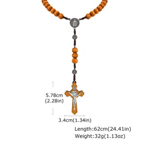 Wooden beaded rosary necklace with alloy crucifix and center medal, vintage religious jewelry.