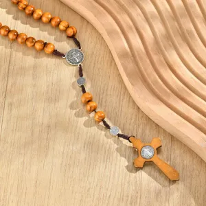 Vintage wooden rosary necklace with alloy crucifix and Saint Benedict medals for women.