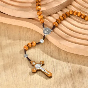 Wooden rosary necklace with cross pendant vintage style Catholic prayer wooden beads jewelry