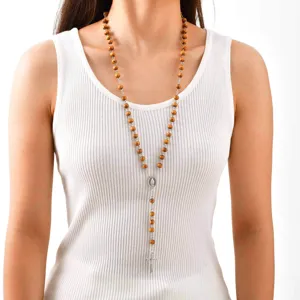 Women vintage pine wood bead Y-shaped necklace with alloy cross and oval pendant for daily wear.