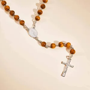 Women vintage wooden bead Y-shaped necklace with alloy cross and oval pendant religious jewelry