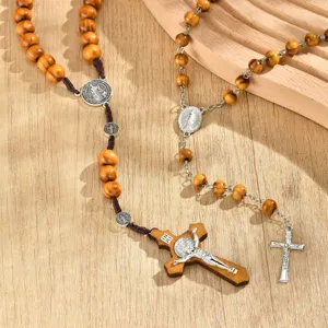 Vintage Religious Pine Wood Beads Alloy Cross Pendant Necklace Y Shaped Rosary Prayer Long Chain Necklace Accessories For Unisex