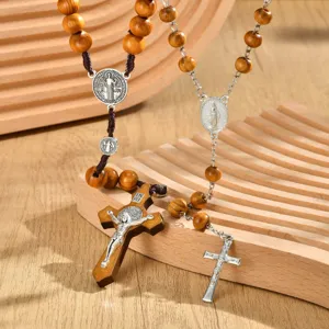 Vintage wooden bead rosary necklace with alloy cross pendant, religious jewelry accessory.