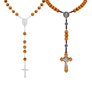 Wooden beaded rosary necklace with alloy crucifix pendant, retro style jewelry for women.