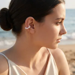 Ear cuff con catena e perle finte in acciaio inossidabile dorato donna spiaggia