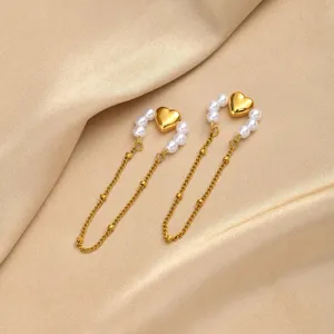 Orecchino a cuffia cuore perla catena acciaio inossidabile dorato donna elegante chic