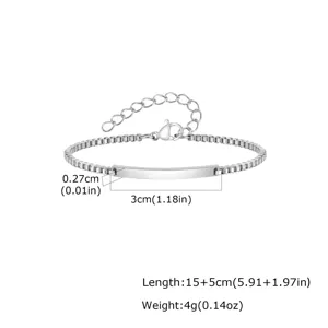 Detalle de pulsera de acero inoxidable con barra curva, dimensiones y peso claros.