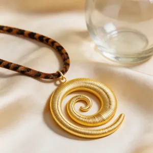 Vista dettagliata di una collana con ciondolo a spirale dorata e cordino leopardato.