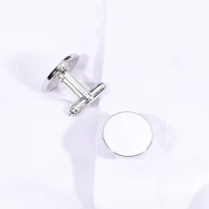 Silver round cufflinks for men, elegant French shirt cuff links, minimalist fashion accessory.
