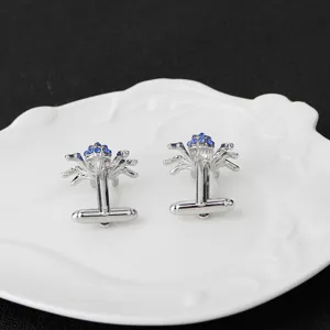 Gros plan de boutons de manchette araignée argentés avec strass bleus sur un plat blanc.