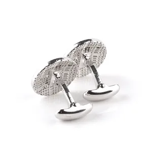 Silver metal cufflinks featuring detailed grid texture design for men's formal dress shirts.