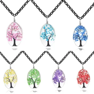 Collana Pendente Albero Della Vita Fiore Secco Ovale Vetro Fatta A Mano Creativa Gipsofila Botanica Floreale Unisex Catena O Gioielli