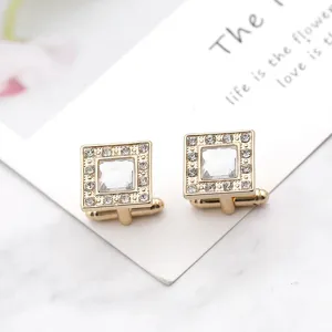 Boutons de manchette français carrés en strass pour hommes, élégants boutons dorés.