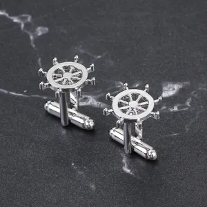 Boutons de Manchette Homme en Alliage Électroplaqué Forme Gouvernail de Navire Classique Argent Style Nautique Accessoires pour Chemise Formelle