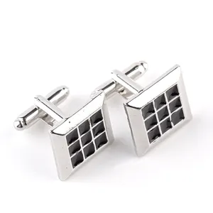 Boutons de Manchette Élégants en Alliage Français Argent Noir Carré Motif de Grille Chemise Homme Accessoire de Costume Formel d'Affaires