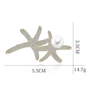 Exquisite double starfish pearl brooch detail showing size and rhinestone craftsmanship.