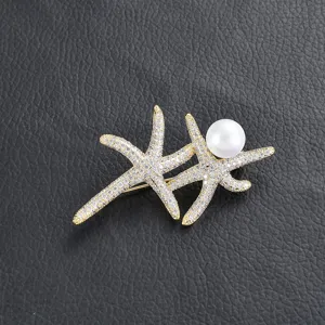 Elegant double starfish pearl brooch with sparkling crystals, perfect for women's suits and coats.