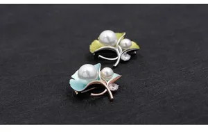 Ginkgo leaf pearl rhinestone brooch detail view, elegant scarf and clothing accessory pin.