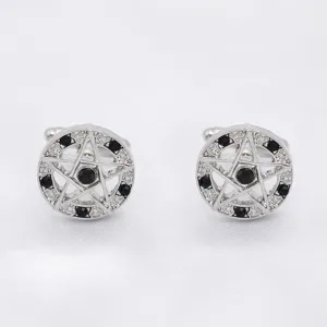 Klassieke zilverkleurige metalen pentagram manchetknopen met zwarte strass steentjes
