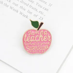 Cute teacher apple enamel brooch pin, pink fruit lapel badge for educator holiday gift.