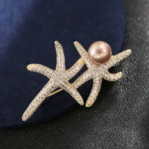 Elegant Copper Starfish Artificial Pearl Brooch Pin Minimalist Rhinestone Inlaid Gold Brooch For Suit Coat Daily Decor Women Men Jewelry Accessory