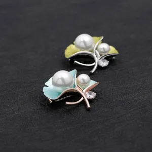 Elegant ginkgo leaf pearl brooch set, vintage enamel clothing scarf pin jewelry accessory