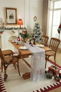 Christmas silver tree print mesh table runner white lace dining table cover decor.