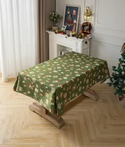 Christmas tablecloth detail scene, vintage jacquard fabric with cute holiday prints for home decor.