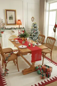 Weihnachtsrot Tischlaeufer Leinen Quasten Esstisch Dekoration festliche Atmosphaere