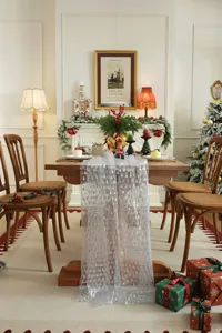 White mesh Christmas table runner with silver foil trees for holiday festive dining room decor