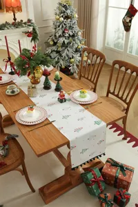 Runner da tavola natalizio con stampa di alberi festivi, tessuto misto cotone per feste.