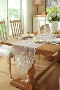 White gold star moon lace embroidery table runner floral wave dining table cover cloth decor