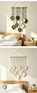 Detailed handmade woven macrame leaf wall hanging showcasing natural cotton cord and wooden beads.