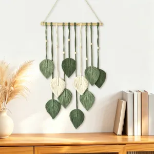 Bohemian Hand Woven Cotton Leaf Tapestry Macrame Wall Hanging Decoration Colorful Plant Feather Tassel Fringe Ornament For Bedroom Living Room Home Aesthetic Backdrop