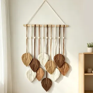 Handmade woven leaf tapestry bohemian wall hanging for home decor room aesthetic style.