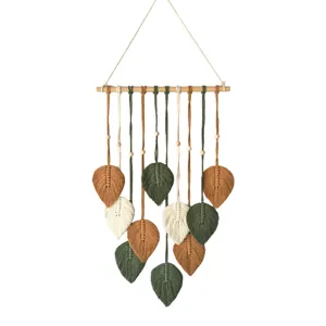 Handmade macrame leaf wall hanging, bohemian woven tapestry for home bedroom decor.