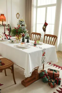 Kerst geborduurde tafelkleed witte vakantie tafelbedekking met kwastjes eetkamer decor