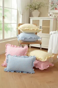 French pastoral plaid ruffled pillow cover detail, 100% cotton cozy home decor cushion.