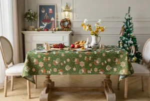 Detailed view of the retro Christmas jacquard tablecloth featuring cute holiday patterns.