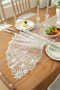 White and gold star moon lace embroidered table runner for dining table and home decor.