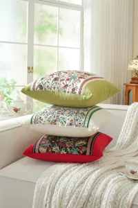 Jacquard floral throw pillow cover detail, vintage patchwork cushion for sofa decor.