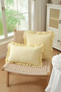 French pastoral yellow white checkered throw pillow cover with cute ruffled edge details.