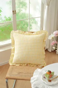 French pastoral yellow checkered ruffled throw pillow cover for sofa and bed decoration