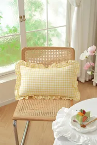 Cozy French country yellow plaid ruffle decorative pillow cover for sofa and bed