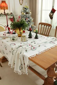 Mantel de Navidad corona festiva ciervo estampado flecos rectangular mantel de comedor