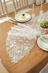 White gold star moon lace embroidered table runner wave edge elegant dining table decor cloth